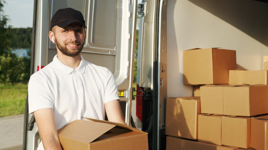 A man wearing casual clothing and glasses stands on a paved street next to an open white delivery van with its rear doors wide open. He is placing cardboard boxes into the van, with several boxes stac