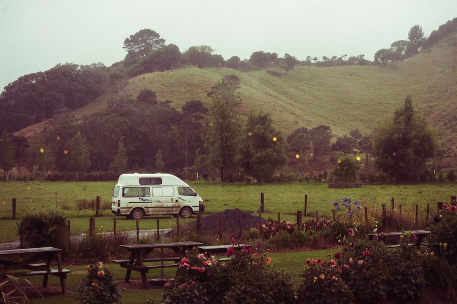 A white commercial van parked on a grassy area during daylight, with a portion of its rear and side visible. The van is surrounded by green trees and shrubbery, with a brick residential building parti